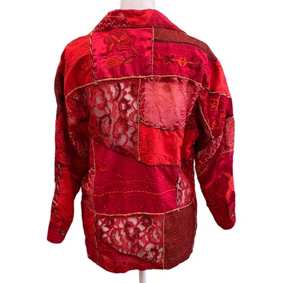 VTG Chicos Patchwork Button Up Top Womens Small Red Beaded Silk Blend Satin Boho - Picture 5 of 14